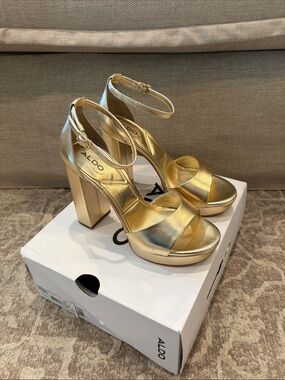 Aldo Metallic Gold Platform Block Heel Sandals with Ankle Strap